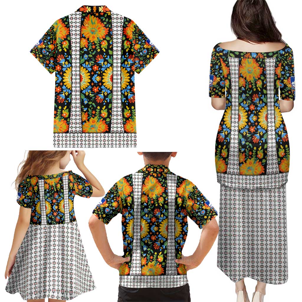 Slovenia Folk Art Family Matching Puletasi and Hawaiian Shirt Bright Floral Pattern with National Crest Emblem