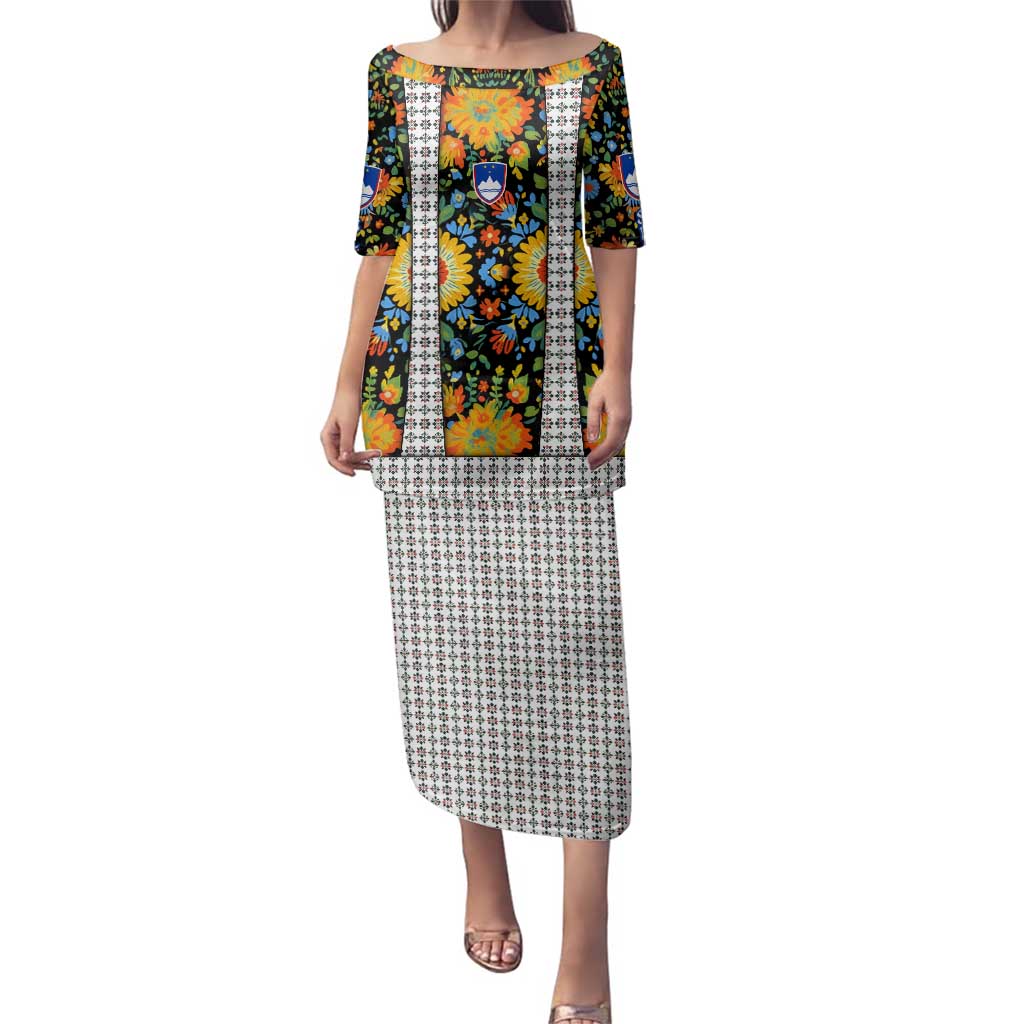 Slovenia Folk Art Family Matching Puletasi and Hawaiian Shirt Bright Floral Pattern with National Crest Emblem