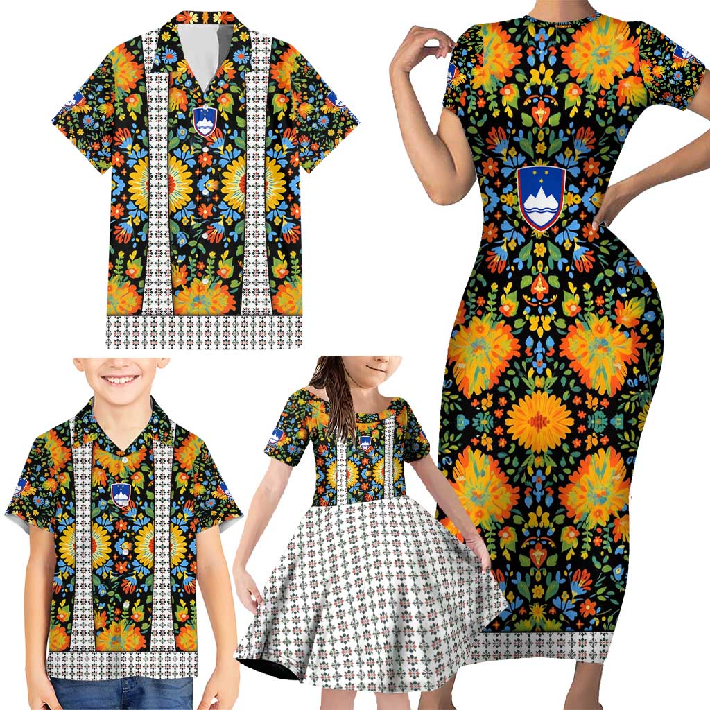 Slovenia Folk Art Family Matching Short Sleeve Bodycon Dress and Hawaiian Shirt Bright Floral Pattern with National Crest Emblem