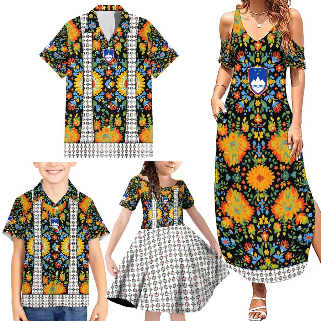 Slovenia Folk Art Family Matching Summer Maxi Dress and Hawaiian Shirt Bright Floral Pattern with National Crest Emblem