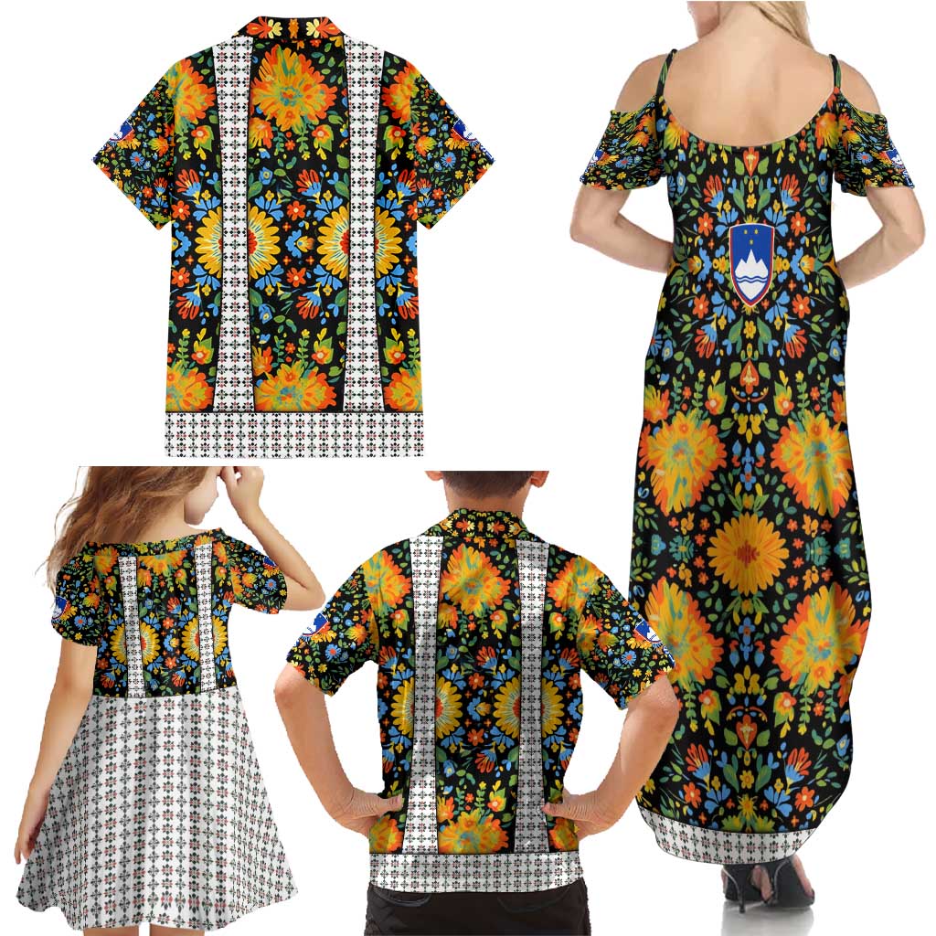 Slovenia Folk Art Family Matching Summer Maxi Dress and Hawaiian Shirt Bright Floral Pattern with National Crest Emblem