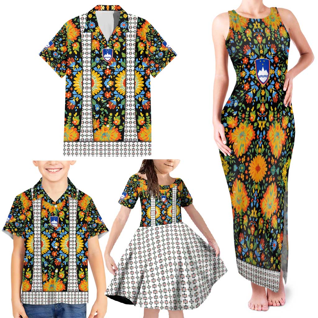 Slovenia Folk Art Family Matching Tank Maxi Dress and Hawaiian Shirt Bright Floral Pattern with National Crest Emblem