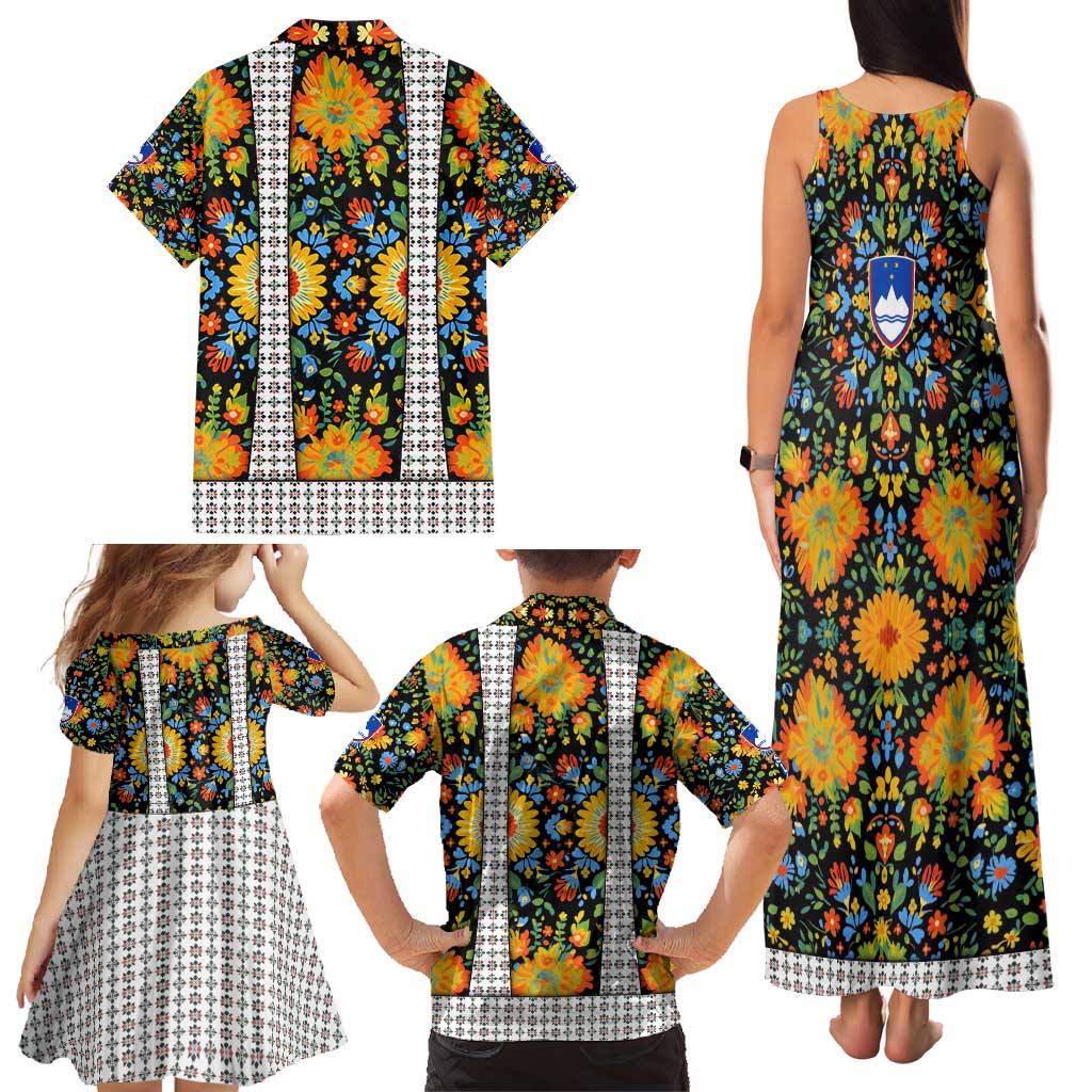 Slovenia Folk Art Family Matching Tank Maxi Dress and Hawaiian Shirt Bright Floral Pattern with National Crest Emblem
