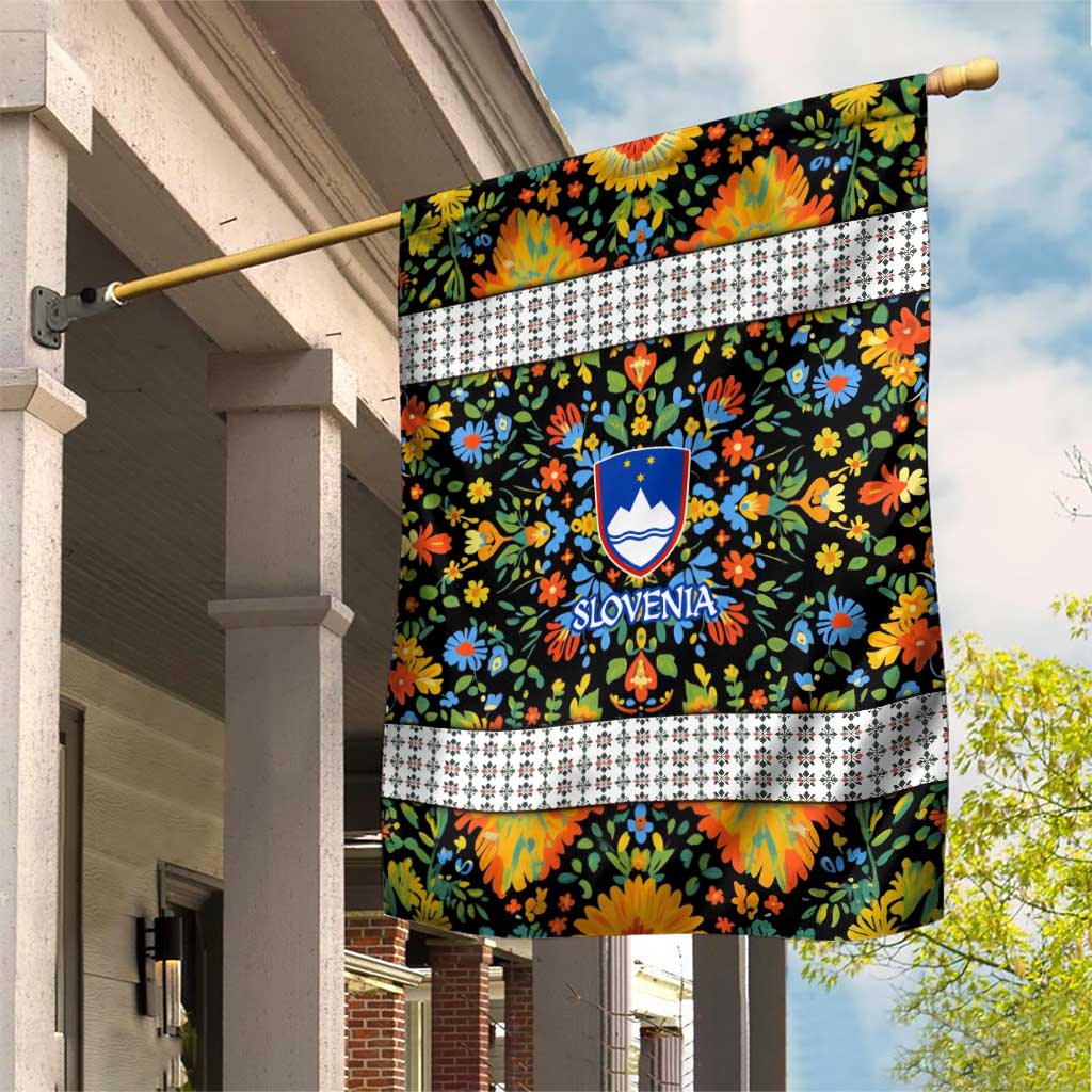 Slovenia Folk Art Garden Flag Bright Floral Pattern with National Crest Emblem