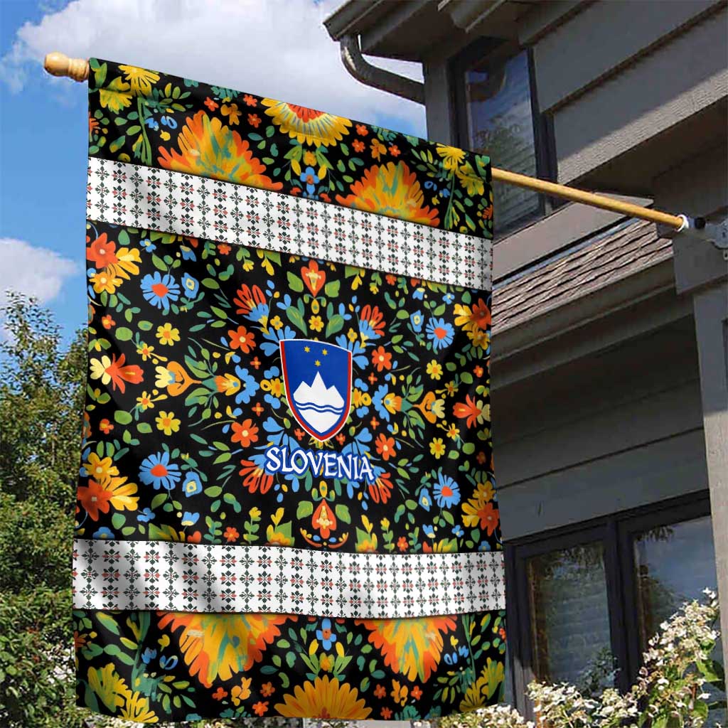 Slovenia Folk Art Garden Flag Bright Floral Pattern with National Crest Emblem