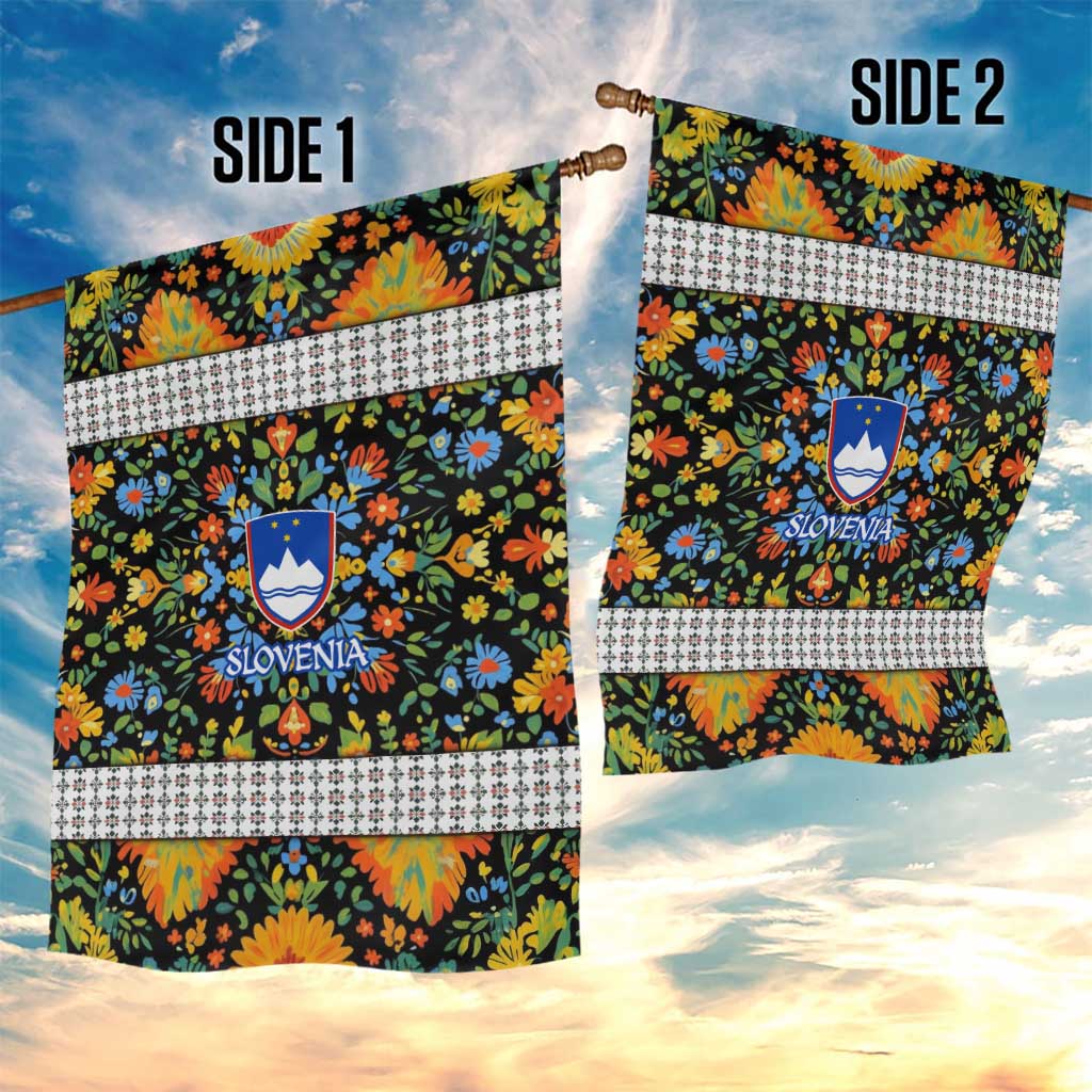 Slovenia Folk Art Garden Flag Bright Floral Pattern with National Crest Emblem