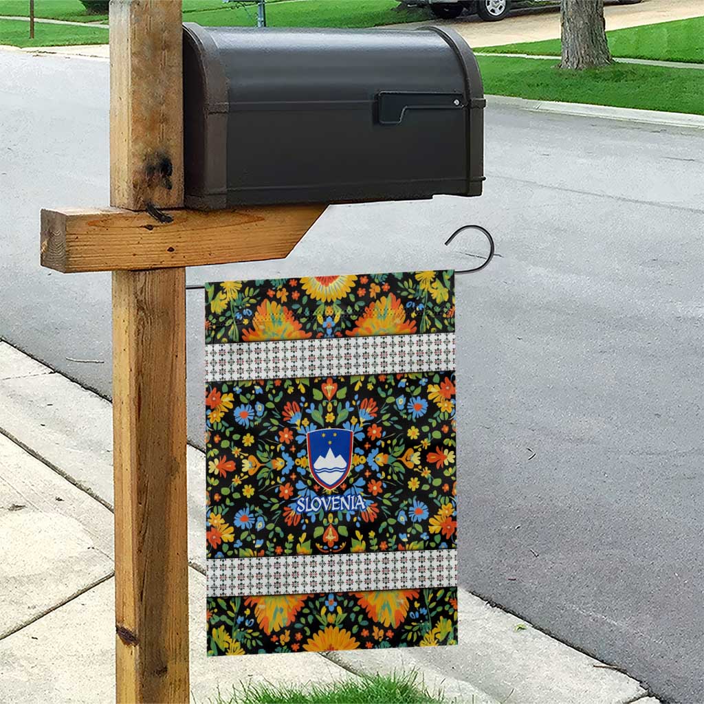 Slovenia Folk Art Garden Flag Bright Floral Pattern with National Crest Emblem