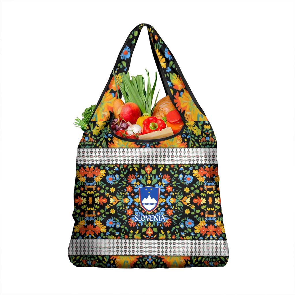 Slovenia Folk Art Grocery Bag Bright Floral Pattern with National Crest Emblem