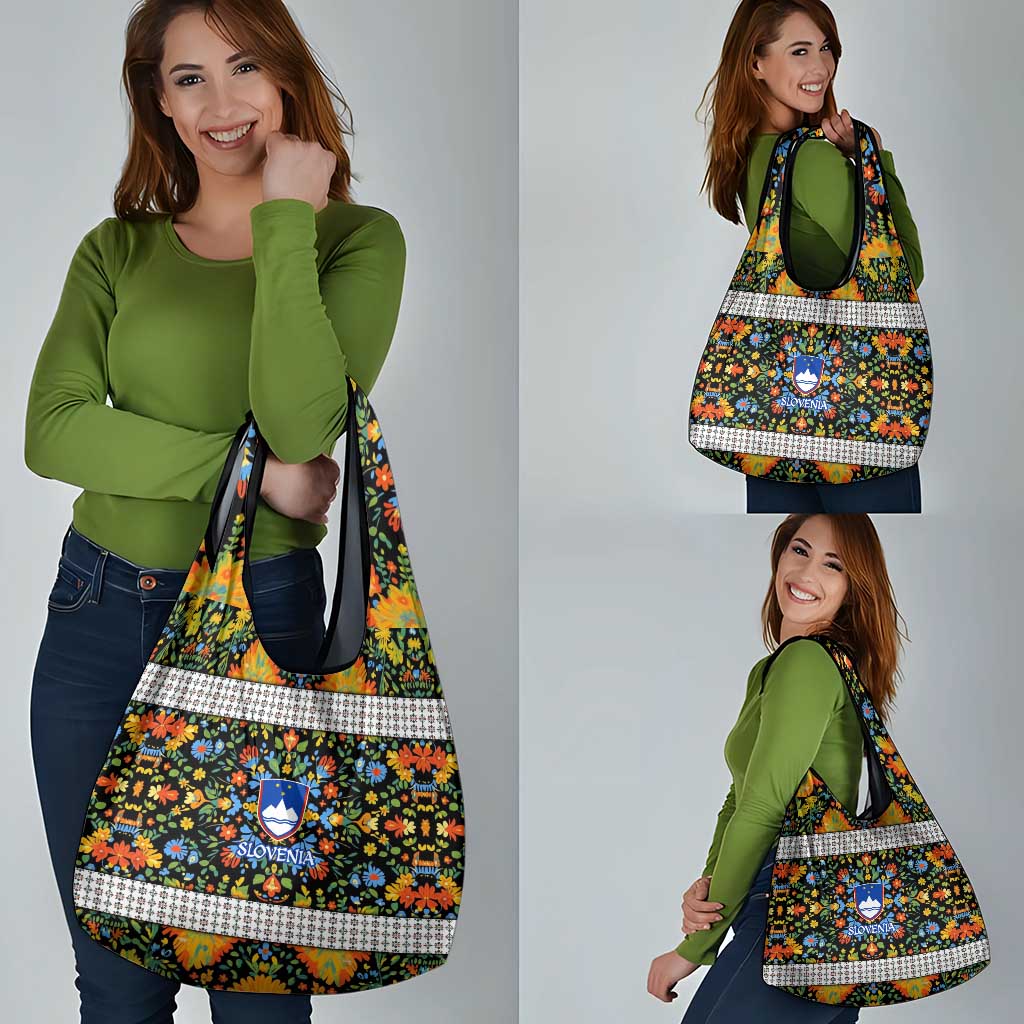 Slovenia Folk Art Grocery Bag Bright Floral Pattern with National Crest Emblem