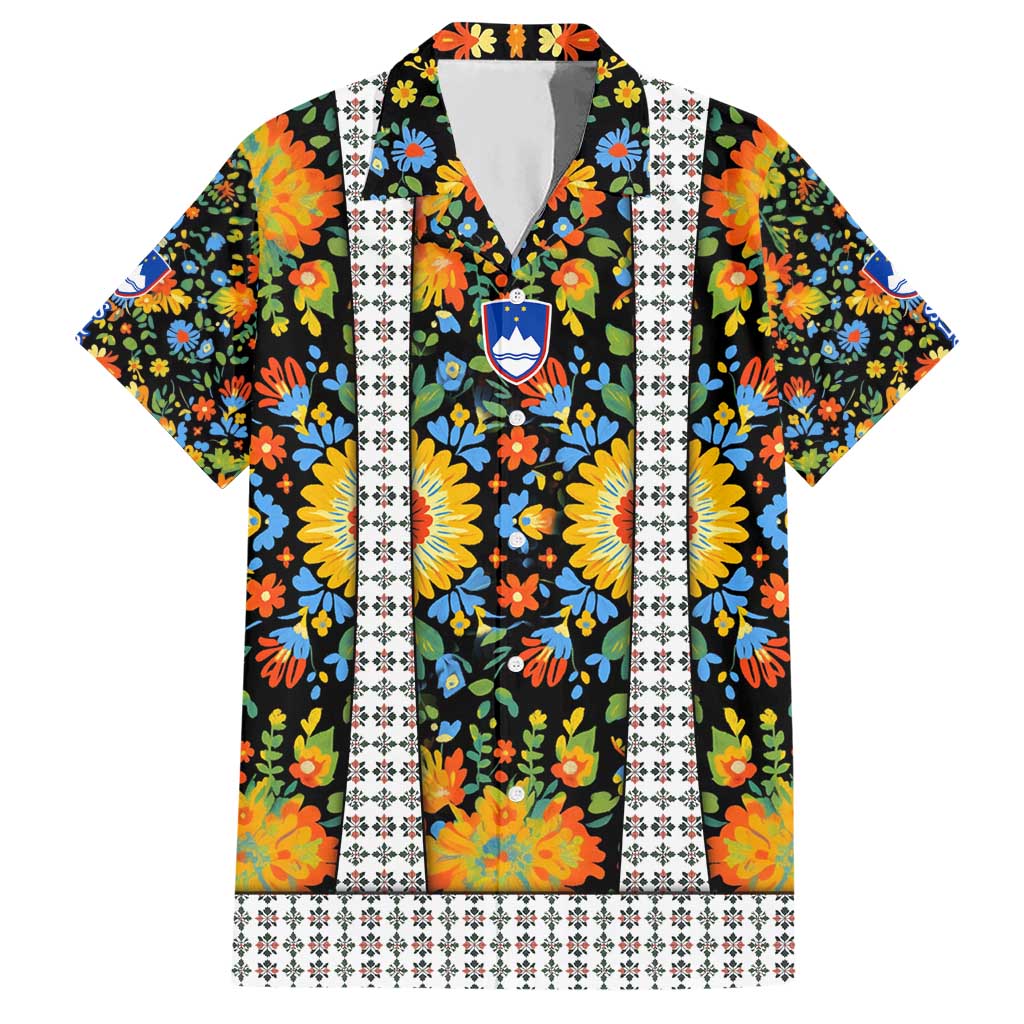 Slovenia Folk Art Hawaiian Shirt Bright Floral Pattern with National Crest Emblem