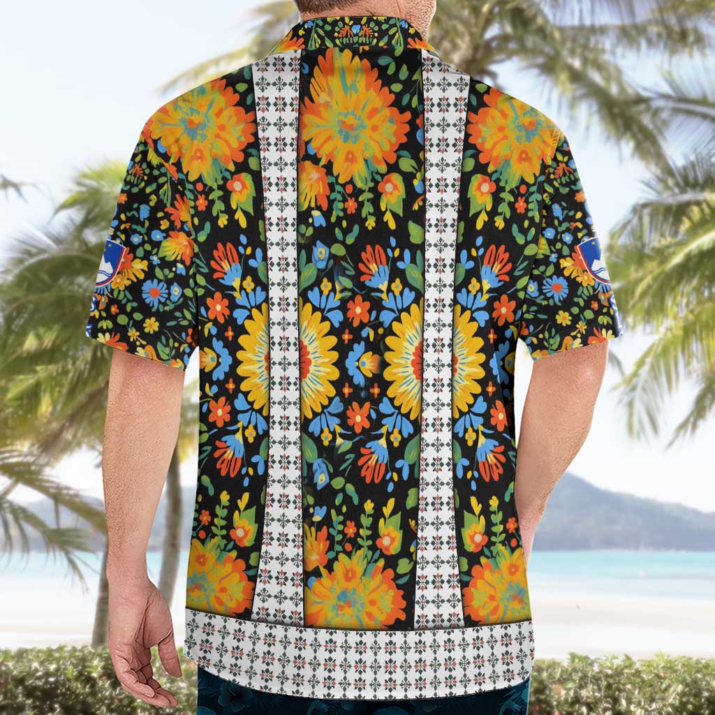 Slovenia Folk Art Hawaiian Shirt Bright Floral Pattern with National Crest Emblem