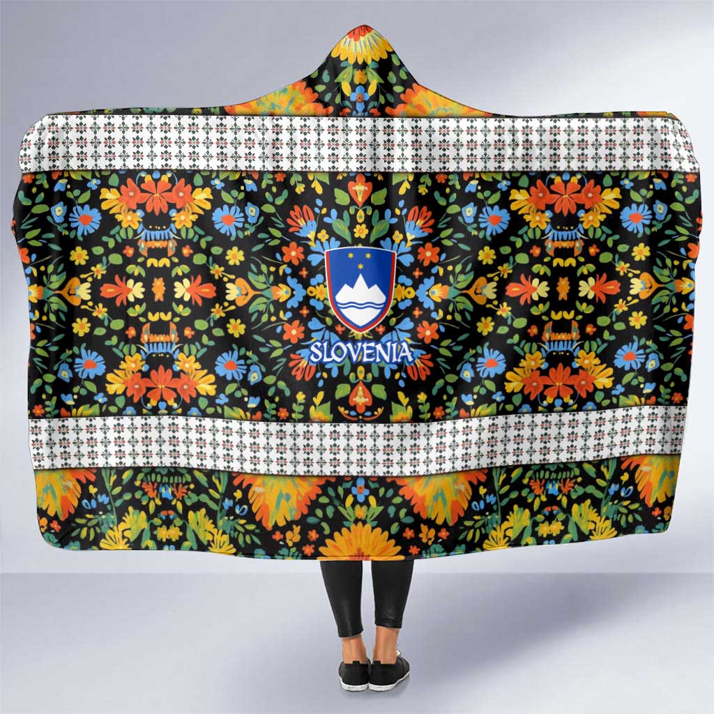 Slovenia Folk Art Hooded Blanket Bright Floral Pattern with National Crest Emblem