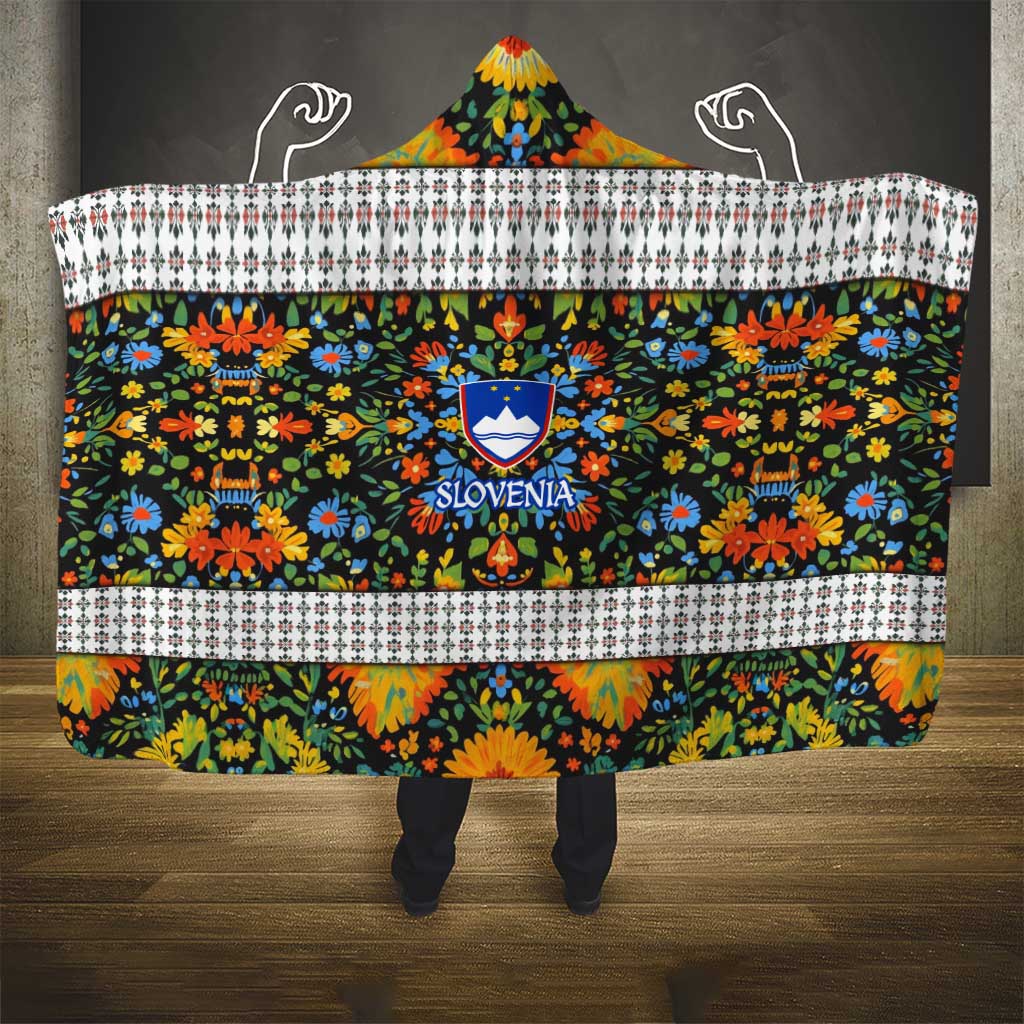 Slovenia Folk Art Hooded Blanket Bright Floral Pattern with National Crest Emblem