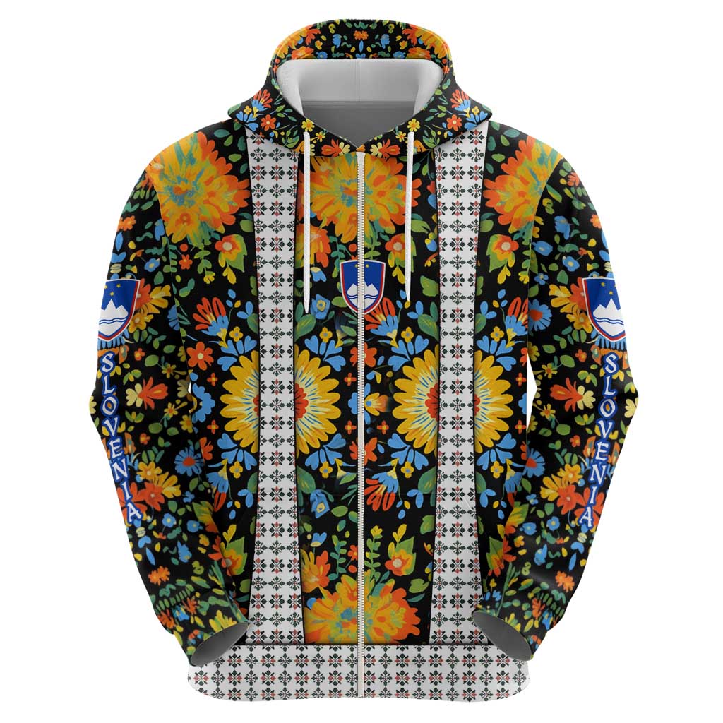 Slovenia Folk Art Hoodie Bright Floral Pattern with National Crest Emblem
