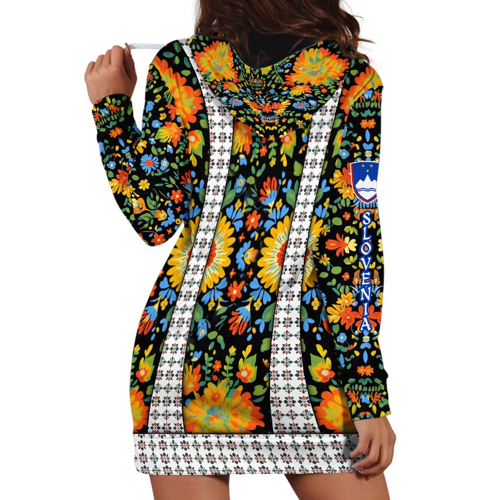 Slovenia Folk Art Hoodie Dress Bright Floral Pattern with National Crest Emblem