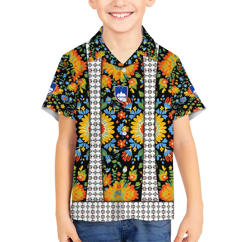 Slovenia Folk Art Kid Hawaiian Shirt Bright Floral Pattern with National Crest Emblem