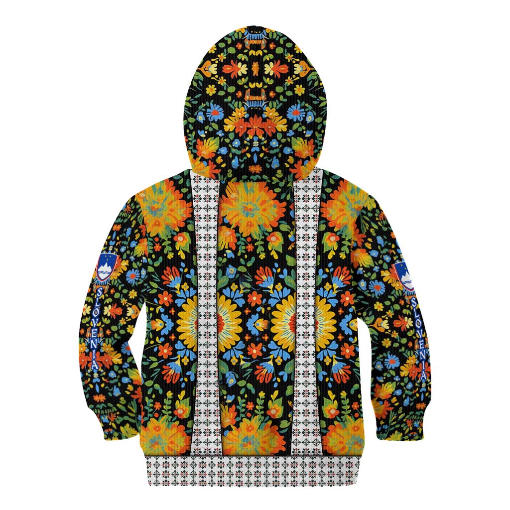 Slovenia Folk Art Kid Hoodie Bright Floral Pattern with National Crest Emblem