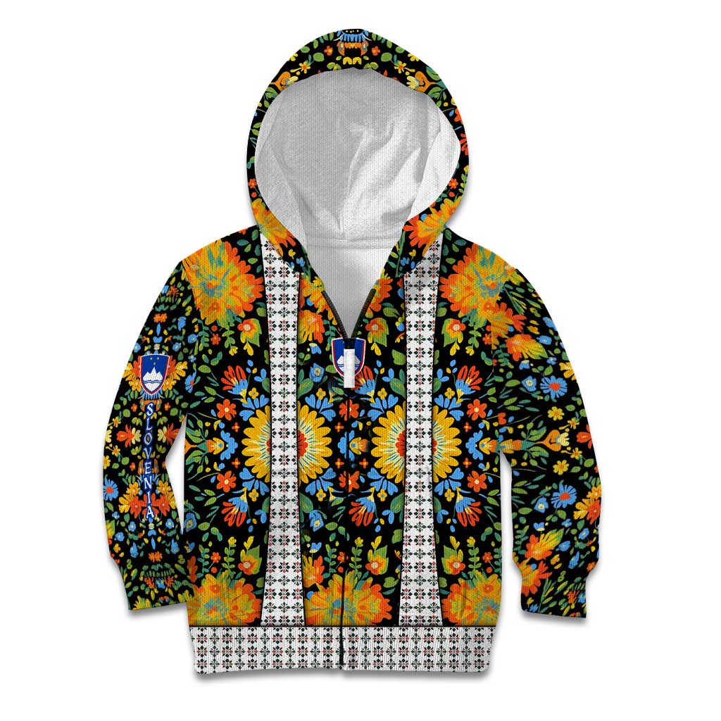 Slovenia Folk Art Kid Hoodie Bright Floral Pattern with National Crest Emblem