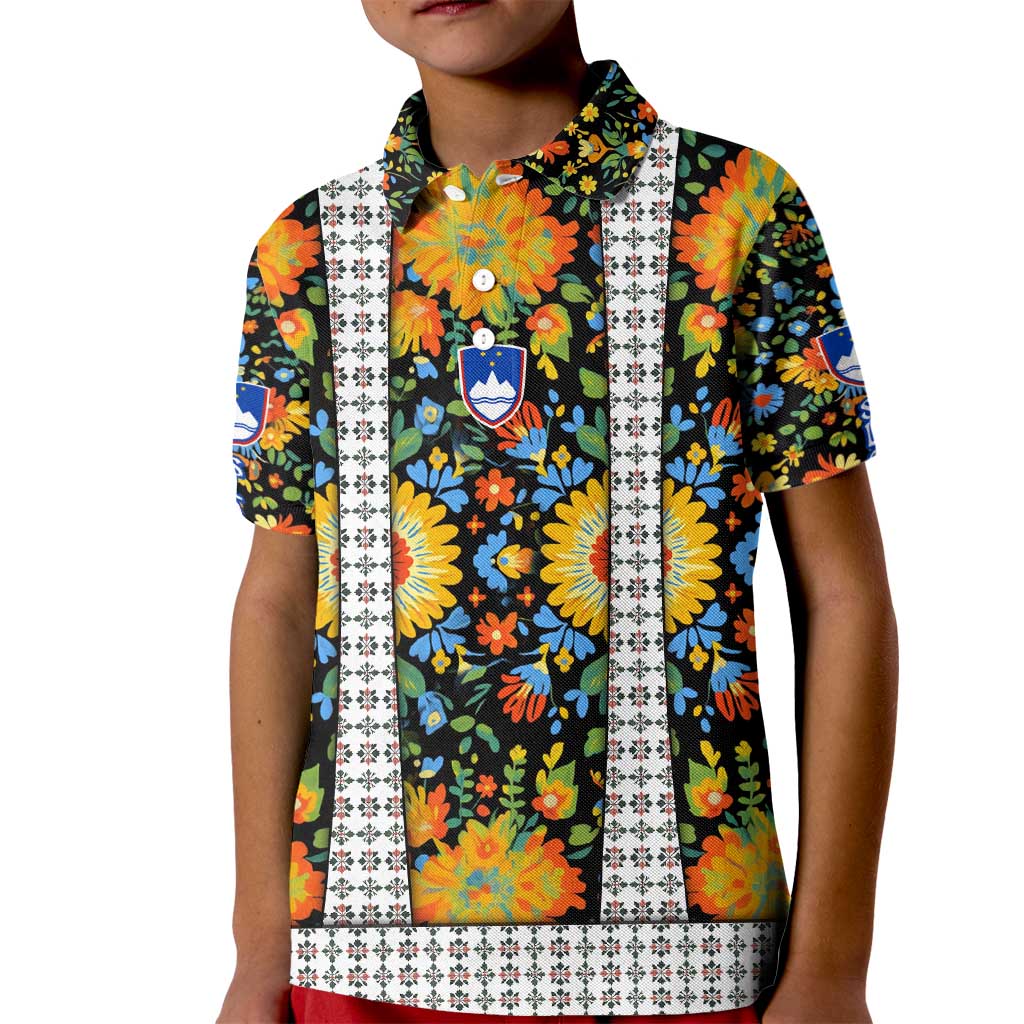 Slovenia Folk Art Kid Polo Shirt Bright Floral Pattern with National Crest Emblem