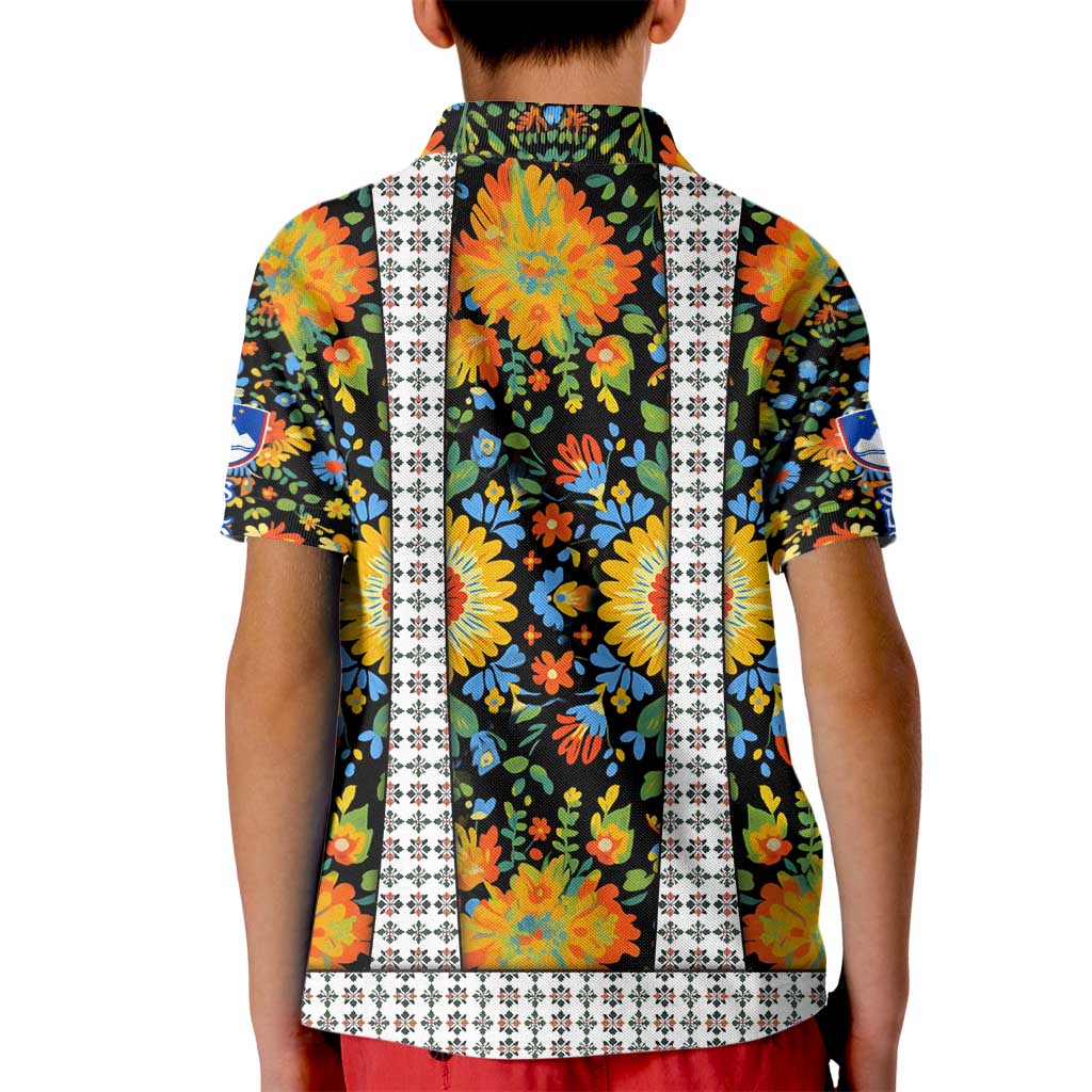 Slovenia Folk Art Kid Polo Shirt Bright Floral Pattern with National Crest Emblem