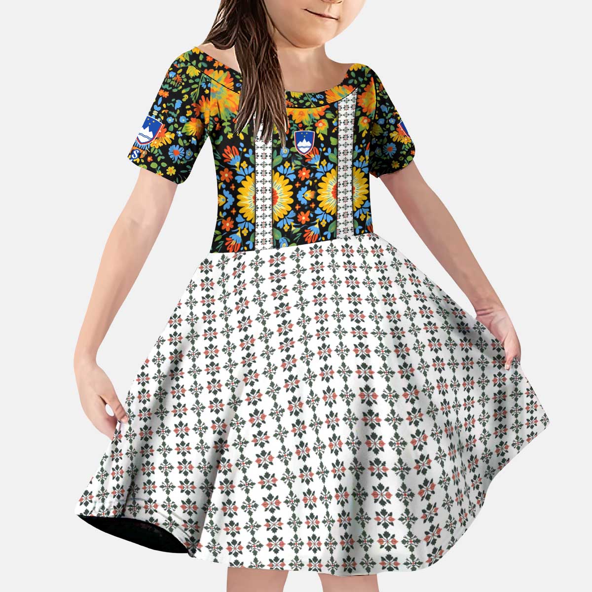 Slovenia Folk Art Kid Short Sleeve Dress Bright Floral Pattern with National Crest Emblem