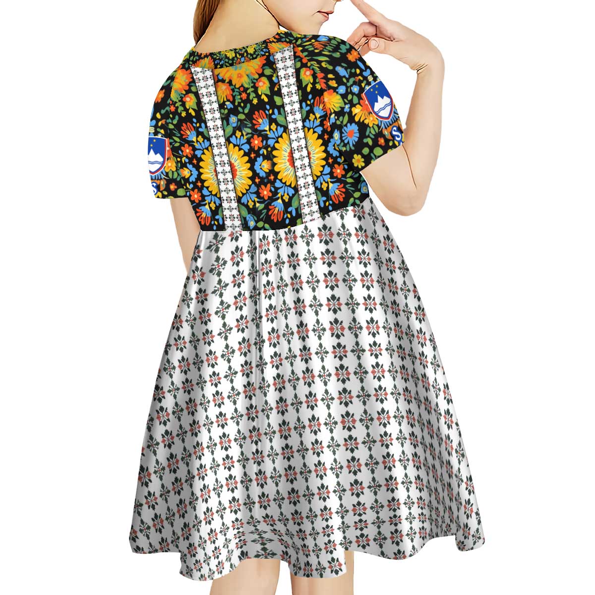 Slovenia Folk Art Kid Short Sleeve Dress Bright Floral Pattern with National Crest Emblem