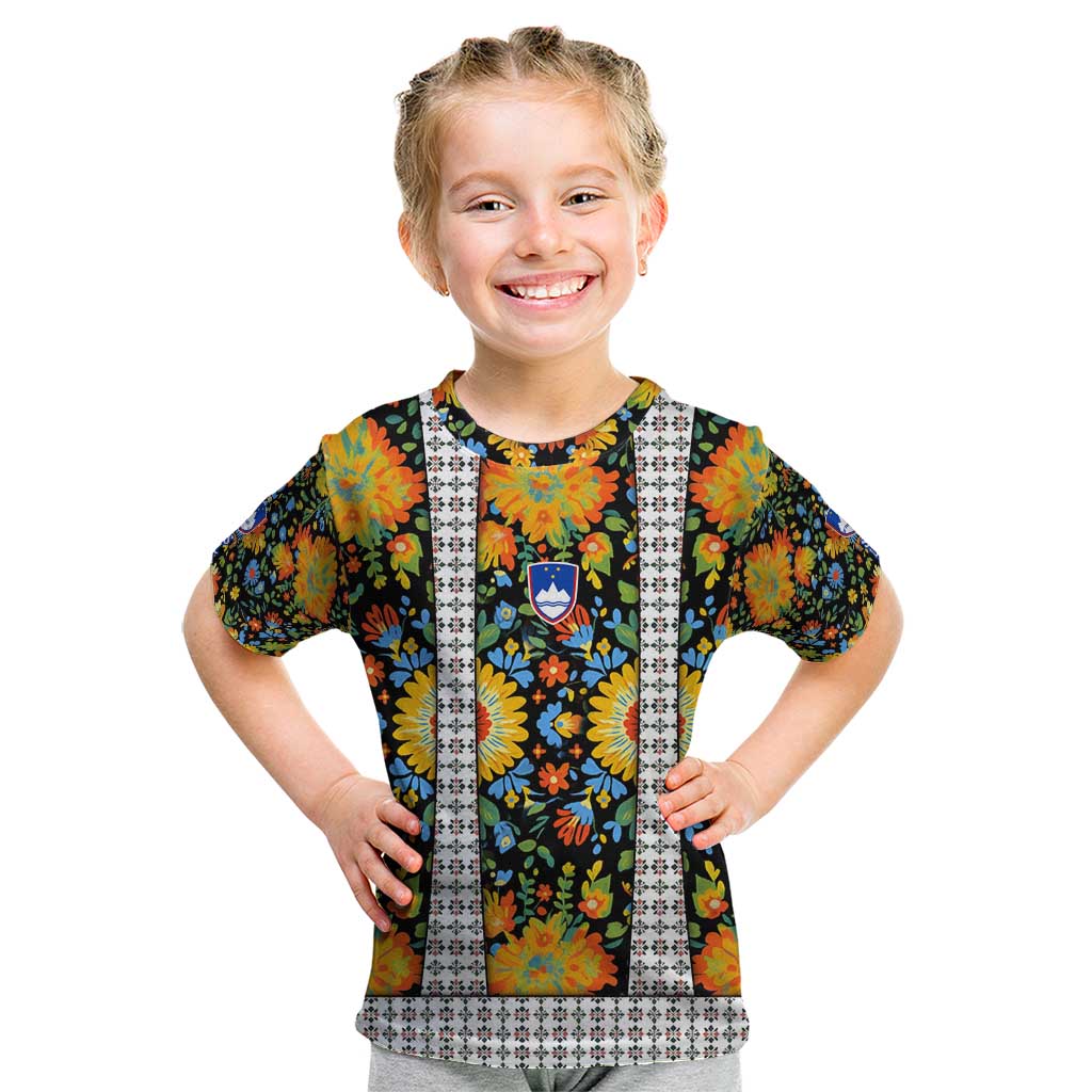Slovenia Folk Art Kid T Shirt Bright Floral Pattern with National Crest Emblem