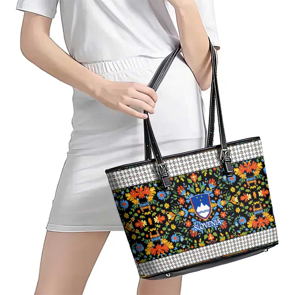 Slovenia Folk Art Leather Tote Bag Bright Floral Pattern with National Crest Emblem