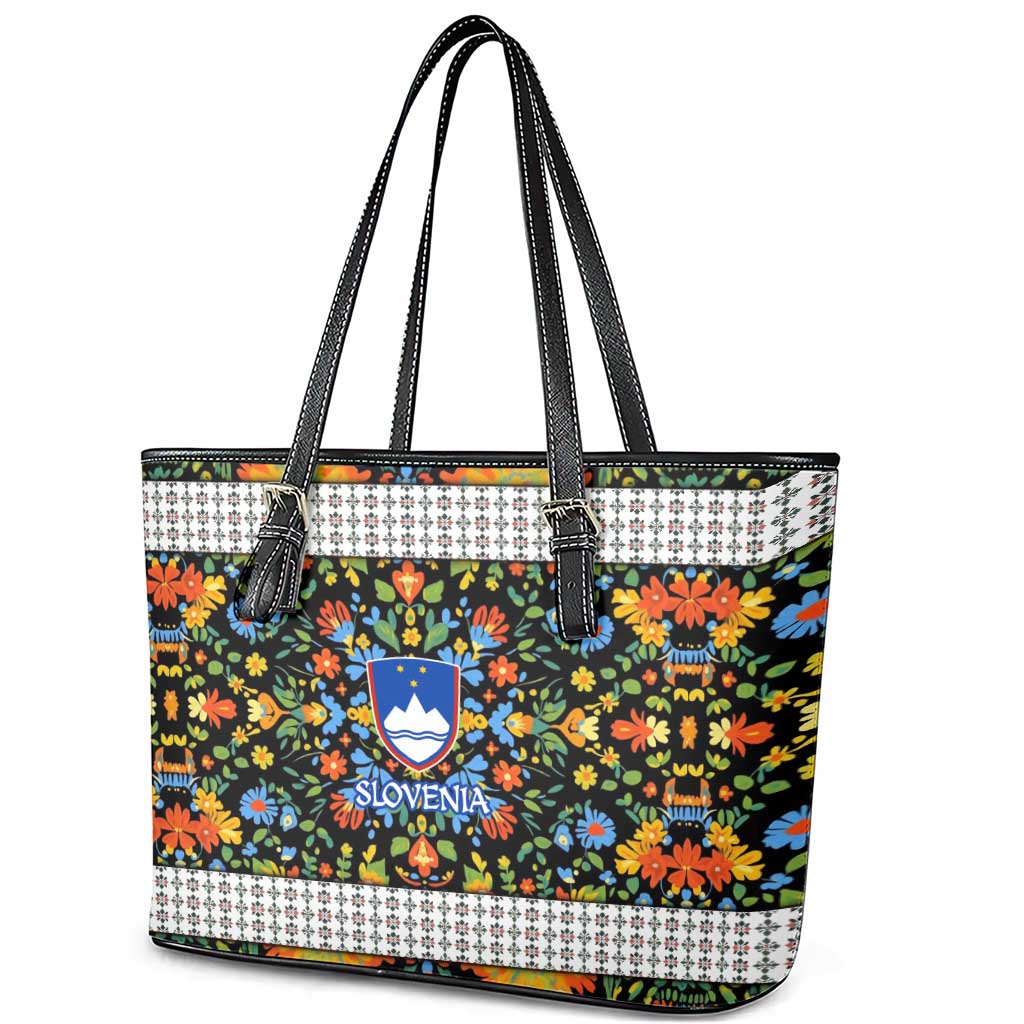 Slovenia Folk Art Leather Tote Bag Bright Floral Pattern with National Crest Emblem