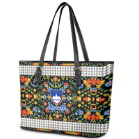 Slovenia Folk Art Leather Tote Bag Bright Floral Pattern with National Crest Emblem
