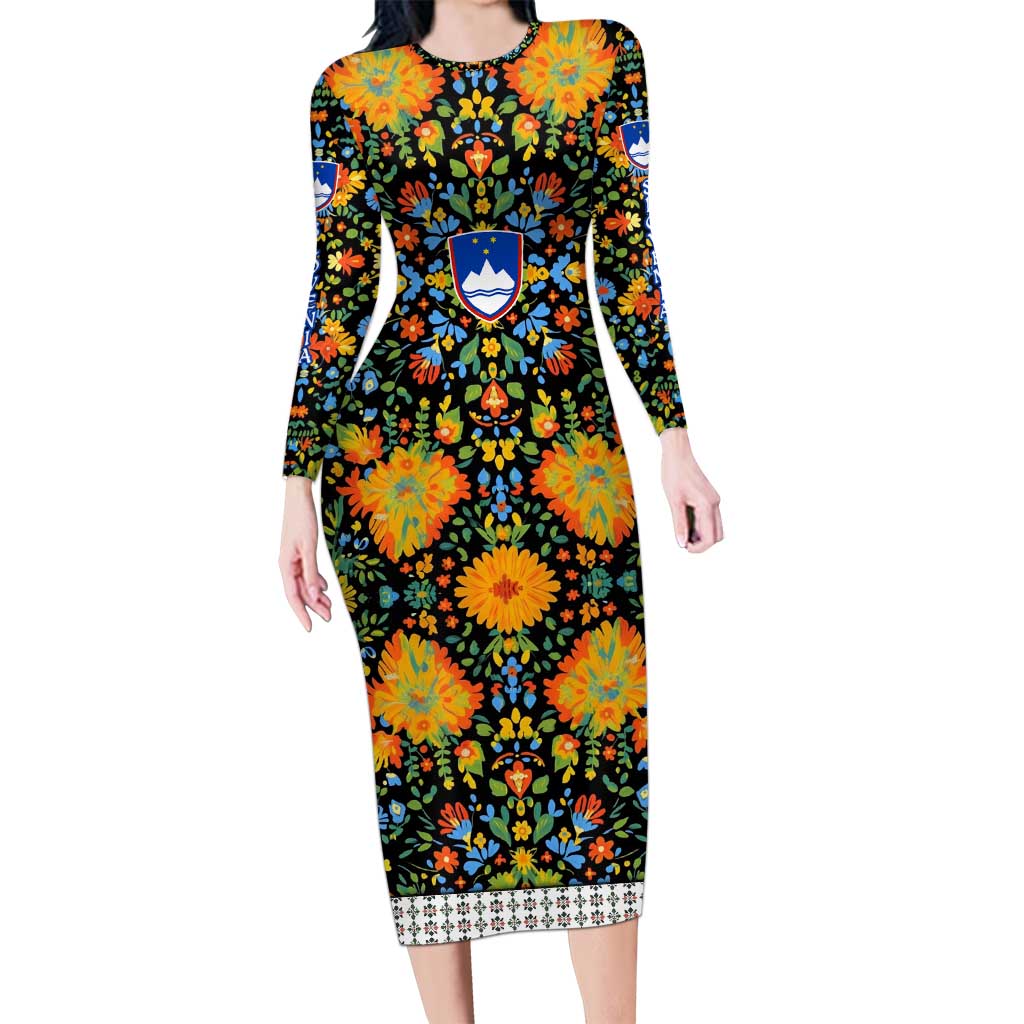 Slovenia Folk Art Long Sleeve Bodycon Dress Bright Floral Pattern with National Crest Emblem