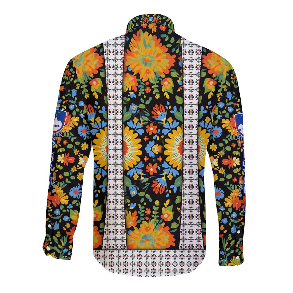 Slovenia Folk Art Long Sleeve Button Shirt Bright Floral Pattern with National Crest Emblem