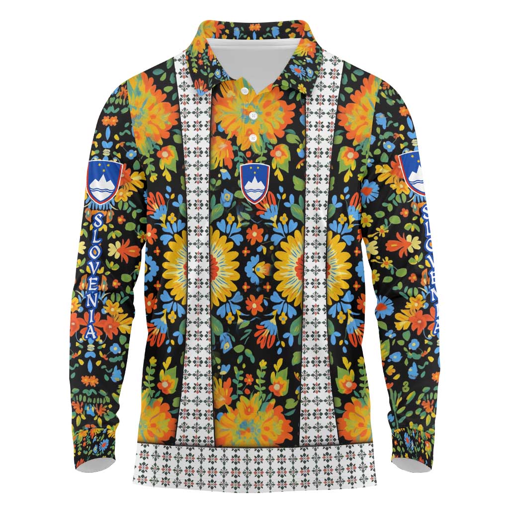 Slovenia Folk Art Long Sleeve Polo Shirt Bright Floral Pattern with National Crest Emblem