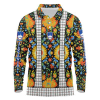 Slovenia Folk Art Long Sleeve Polo Shirt Bright Floral Pattern with National Crest Emblem