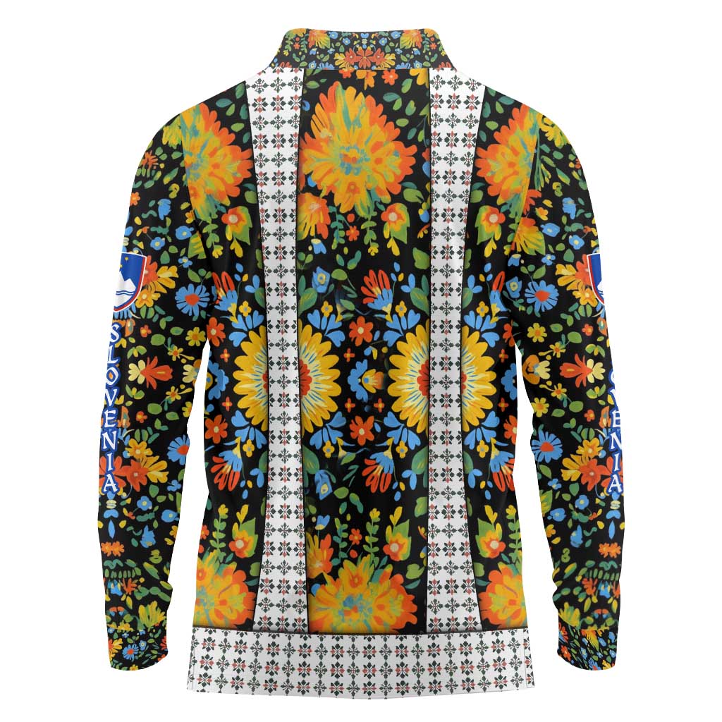 Slovenia Folk Art Long Sleeve Polo Shirt Bright Floral Pattern with National Crest Emblem