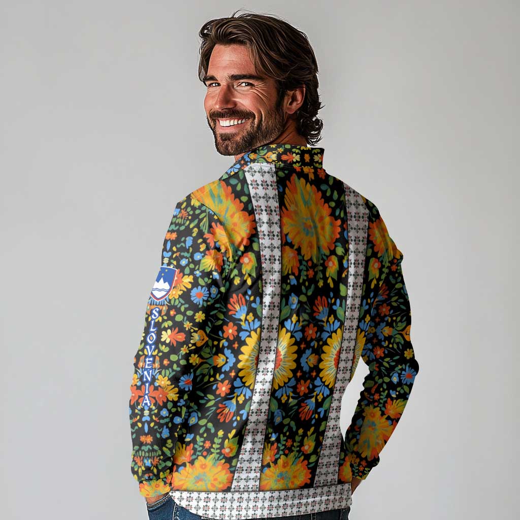 Slovenia Folk Art Long Sleeve Polo Shirt Bright Floral Pattern with National Crest Emblem