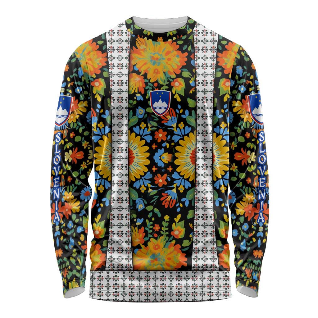 Slovenia Folk Art Long Sleeve Shirt Bright Floral Pattern with National Crest Emblem