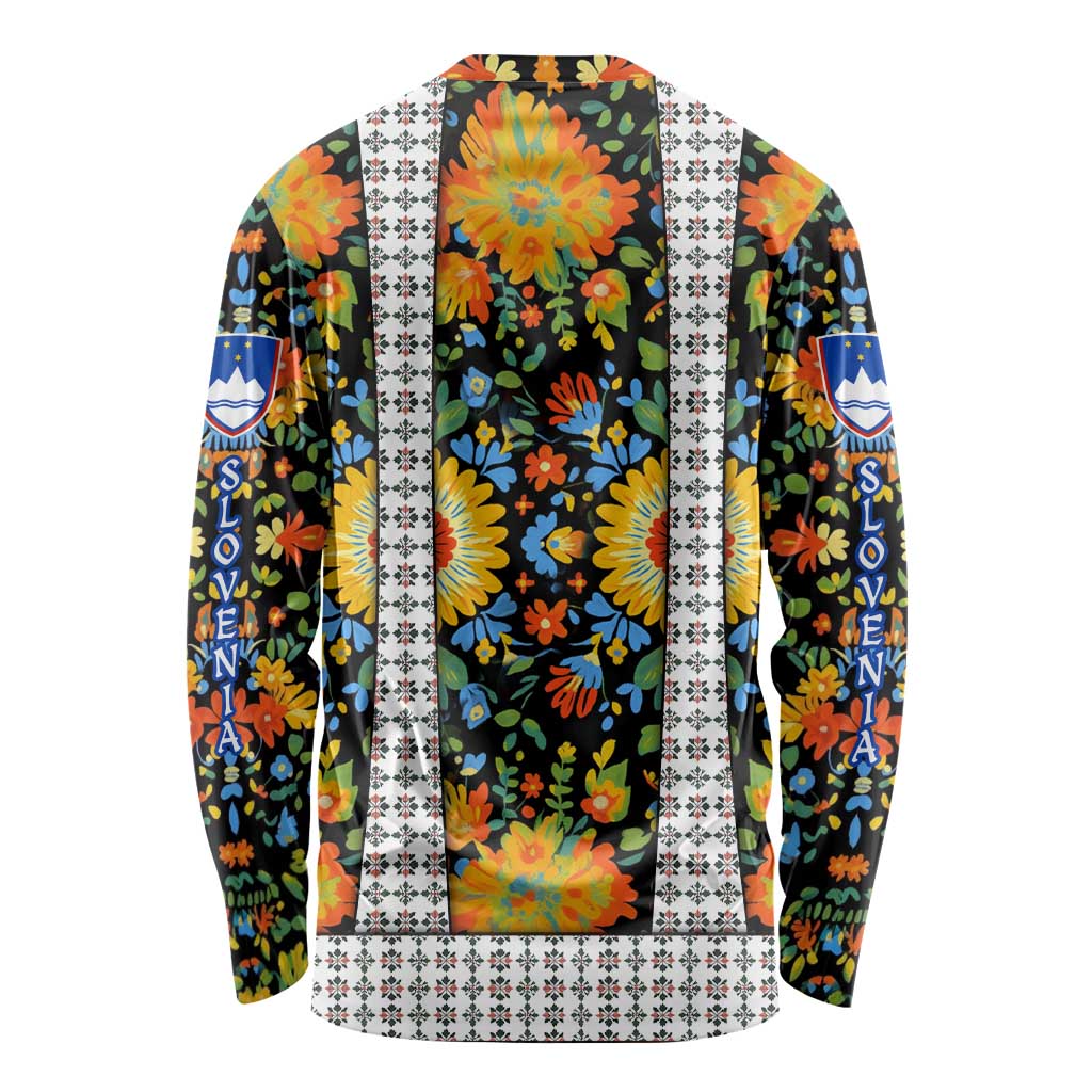 Slovenia Folk Art Long Sleeve Shirt Bright Floral Pattern with National Crest Emblem