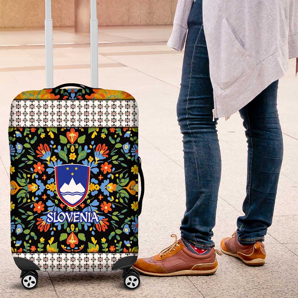 Slovenia Folk Art Luggage Cover Bright Floral Pattern with National Crest Emblem