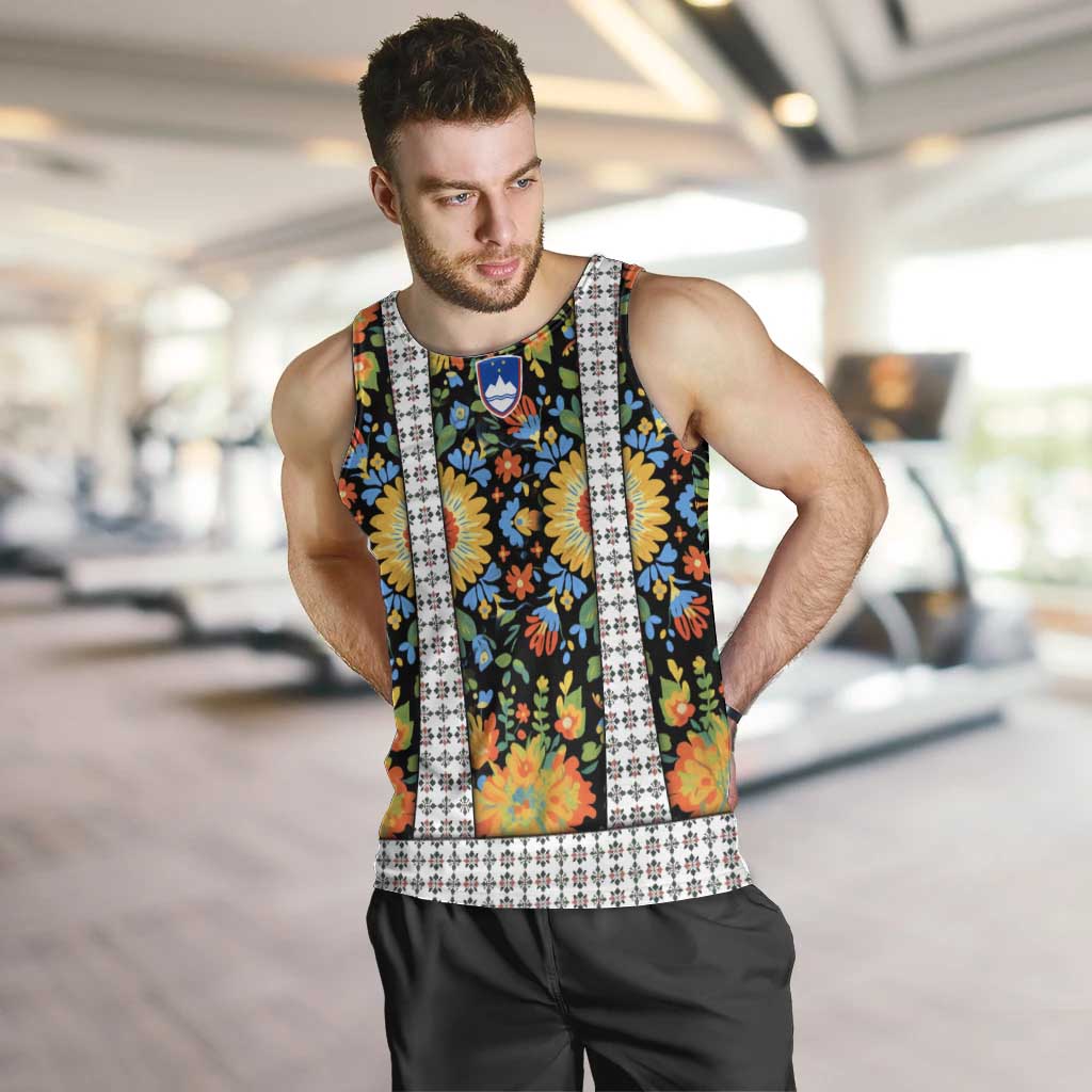 Slovenia Folk Art Men Tank Top Bright Floral Pattern with National Crest Emblem