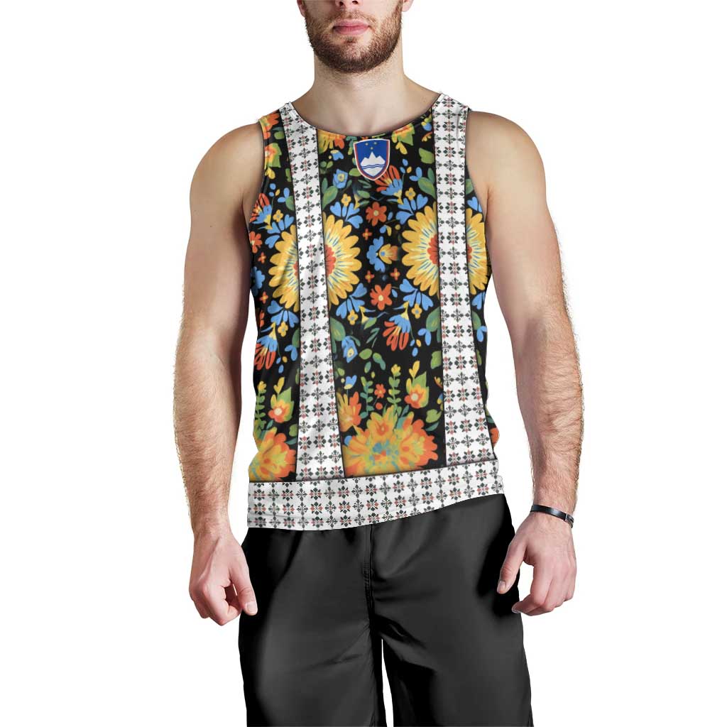 Slovenia Folk Art Men Tank Top Bright Floral Pattern with National Crest Emblem