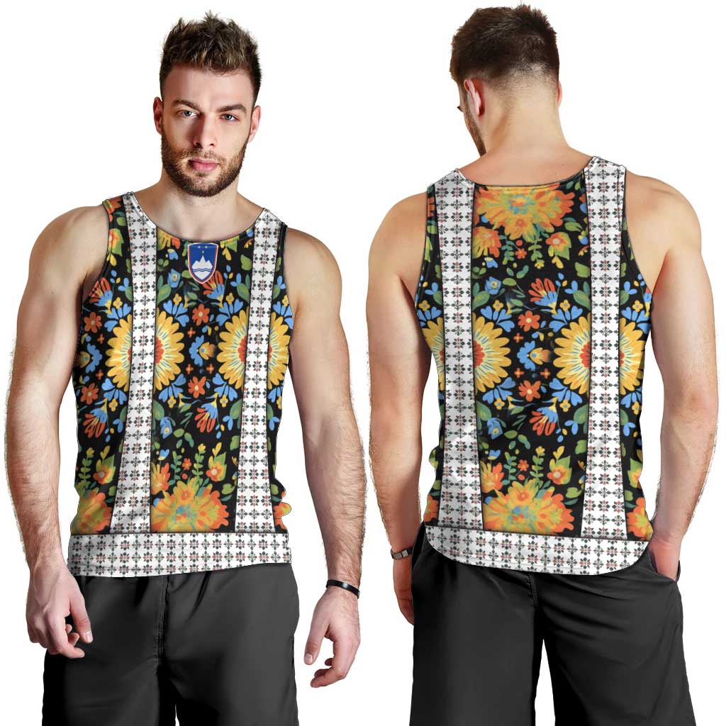 Slovenia Folk Art Men Tank Top Bright Floral Pattern with National Crest Emblem