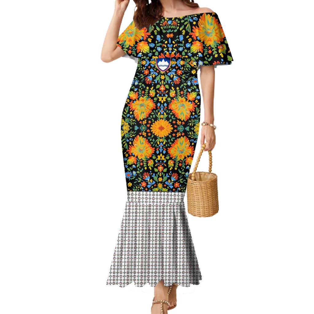 Slovenia Folk Art Mermaid Dress Bright Floral Pattern with National Crest Emblem
