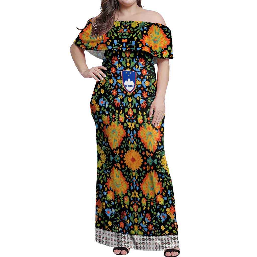 Slovenia Folk Art Off Shoulder Maxi Dress Bright Floral Pattern with National Crest Emblem
