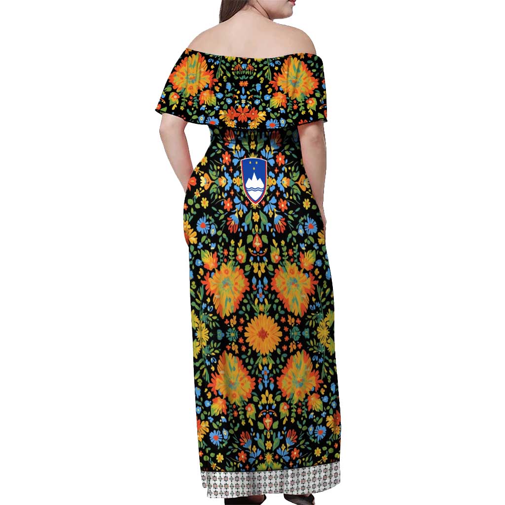 Slovenia Folk Art Off Shoulder Maxi Dress Bright Floral Pattern with National Crest Emblem