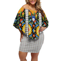 Slovenia Folk Art Off Shoulder Short Dress Bright Floral Pattern with National Crest Emblem