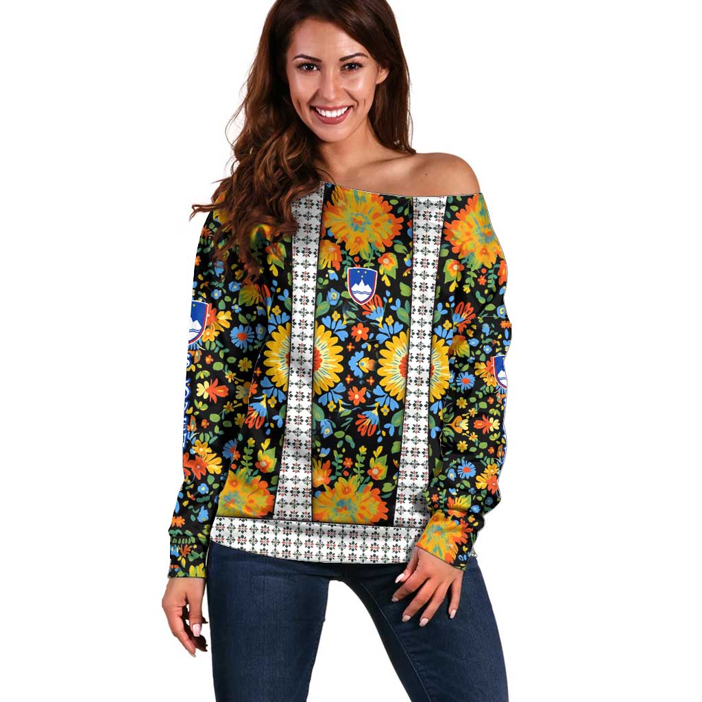 Slovenia Folk Art Off Shoulder Sweater Bright Floral Pattern with National Crest Emblem