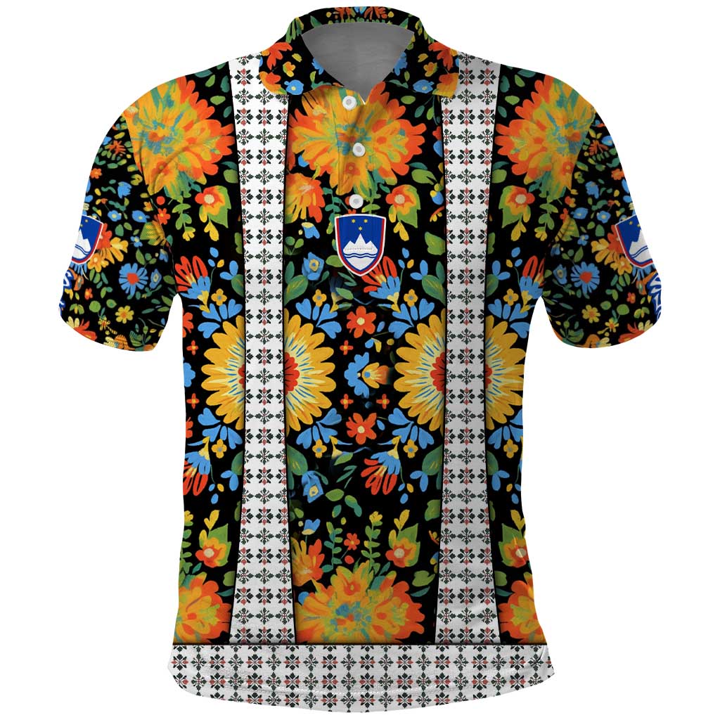 Slovenia Folk Art Polo Shirt Bright Floral Pattern with National Crest Emblem