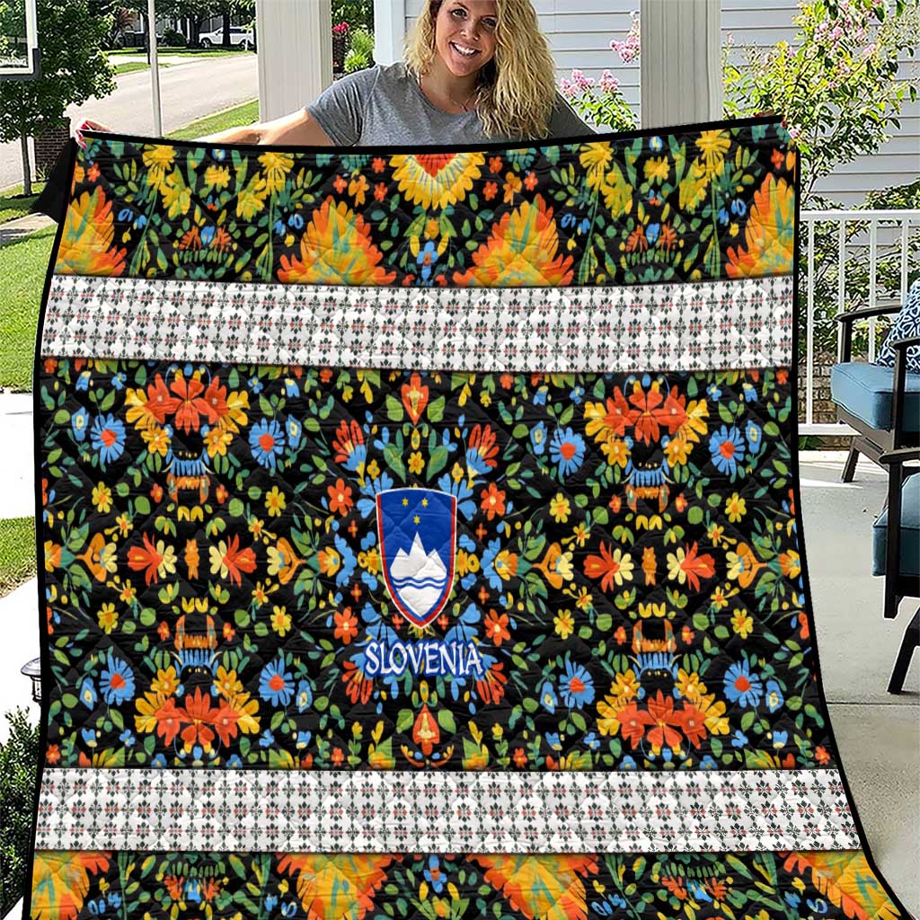 Slovenia Folk Art Quilt Bright Floral Pattern with National Crest Emblem