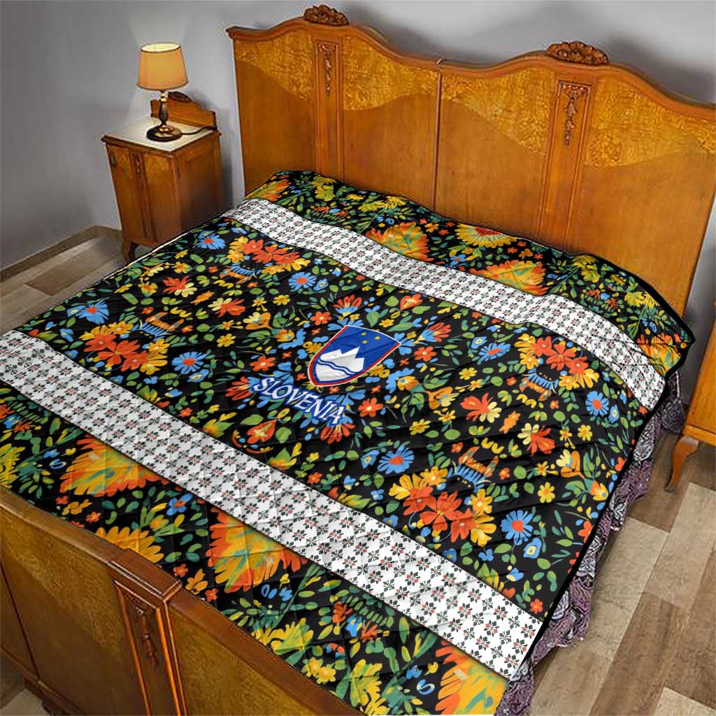 Slovenia Folk Art Quilt Bright Floral Pattern with National Crest Emblem